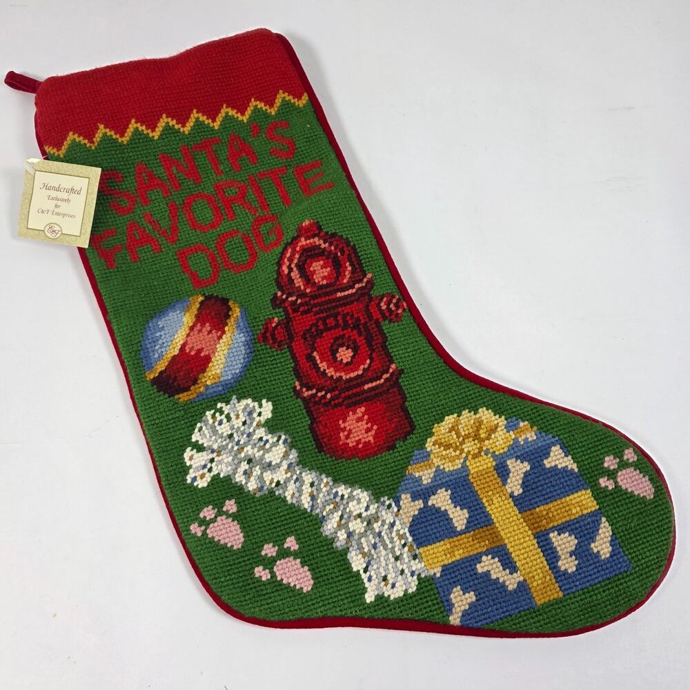 C&F Enterprises Handmade Needlepoint Stocking SANTA'S FAVORITE DOG Velvet NWT